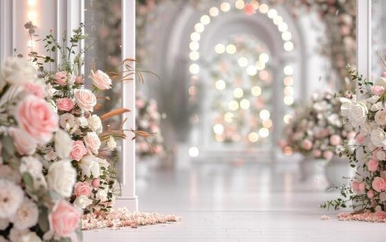 Elegant wedding venue with florals and soft lighting